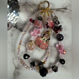 Pink and Black Beaded Keychain with Minnie Charm/Purse and Cellphone Chain